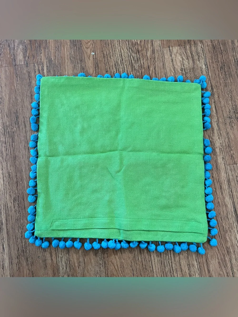 Embroidered Green Floral Accent Pillow Cover with Blue Pom Trim Square boho bird